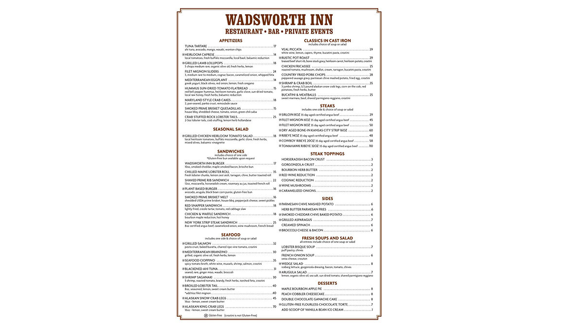 Wadsworth Inn Menu